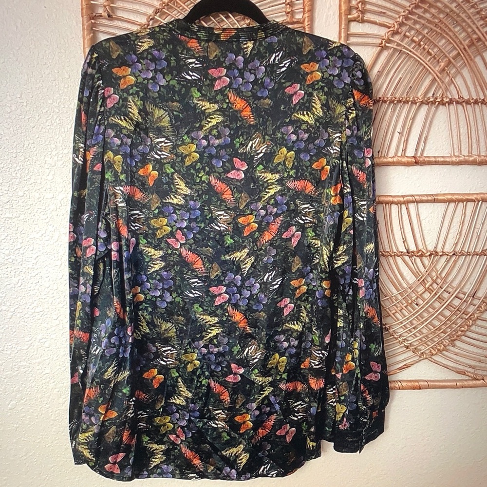 Johnny Was Black Button-Front Top with Multicolor Floral & Butterfly Print - Picture 2 of 7